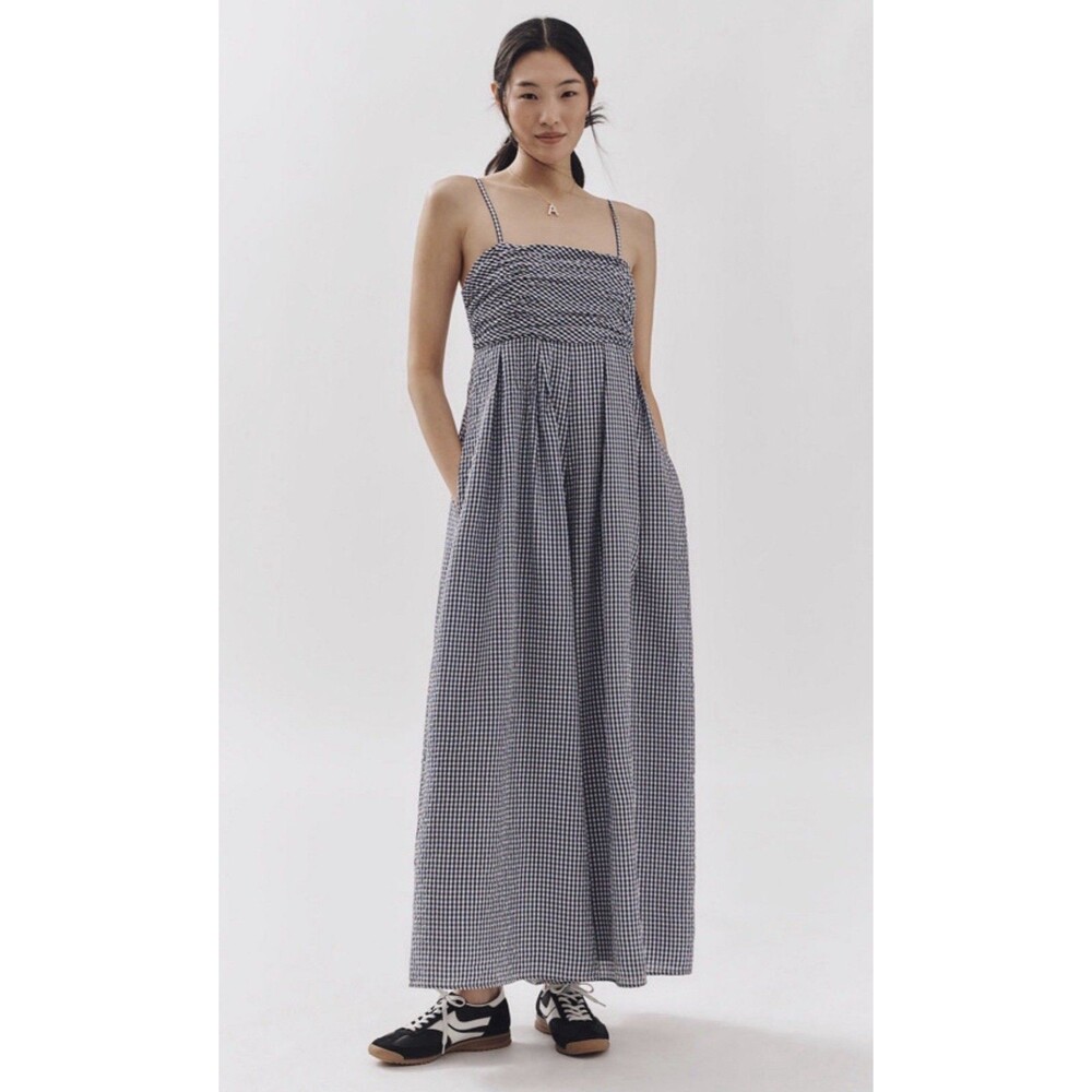 Anthropologie Jumpsuit Navy Mabel Gingham Wide Leg Boho Resort Preppy Sz XL NWT